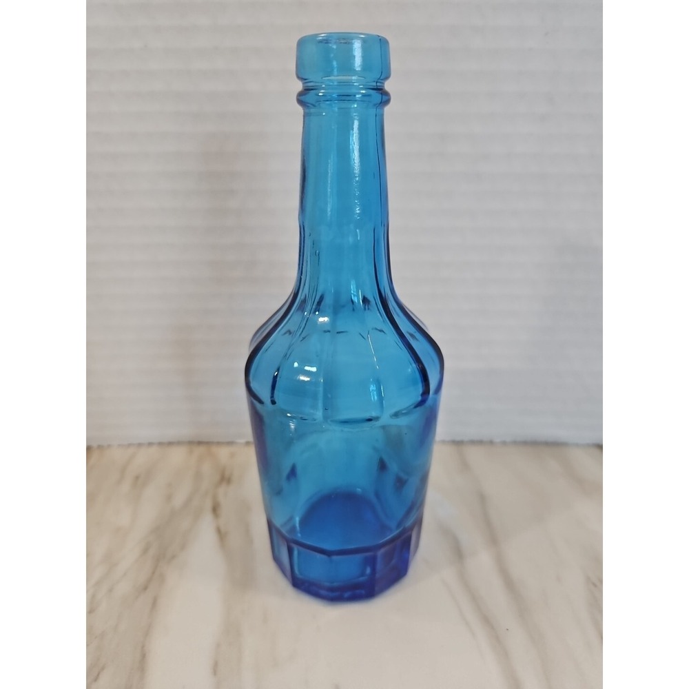 Vintage Wheaton Blue Glass Bottle Round w/ Long Neck and Ridges 6 inches